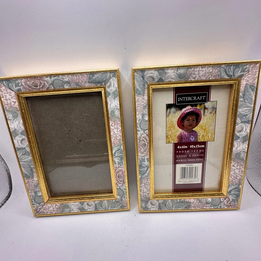 Intercraft Floral Gold Trim 4x6 Photo Frames Set of 2 Vintage Style Cottagecore